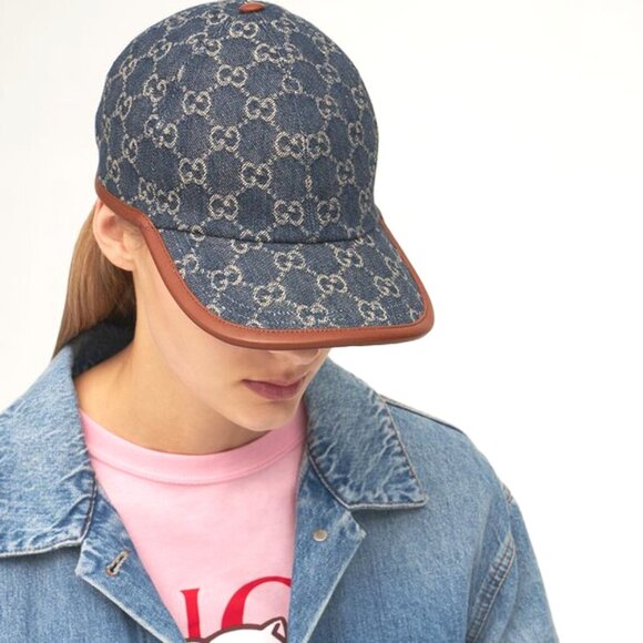 NEW GUCCI GG Monogram Denim Leather Trim Baseball Cap Hat Size M / 58 cm Authent - Picture 10 of 11